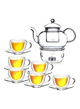 Double Wall Borosilicate Glass Teacup And Saucer Set With Teapot And Candle Warmer Clear 120ml - v1628736654/N49899843A_1