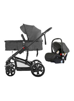 3In1 Pram Stroller Sleeping Bassinet With Extra Wide Seat And Wide Canopy 360° Rotating Wheels Space Grey