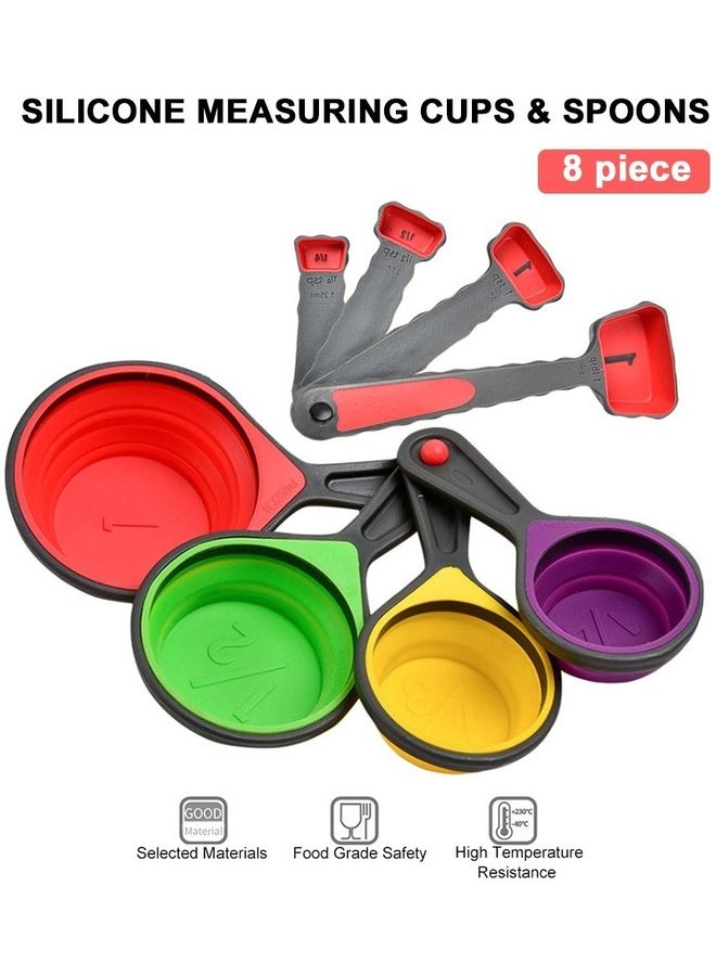 Measuring Cups Spoons Collapsible Silicone Measuring Cups & Spoons Set 8 piece Measuring Tool Engraved Markings for Liquid Dry Measuring Space Saving Silicone Color  - Image 1