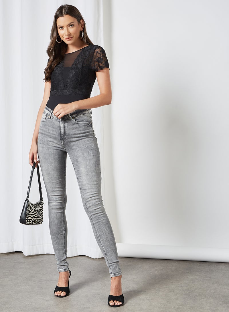 PIECES - Lace Trim Bodysuit Black - Image 1