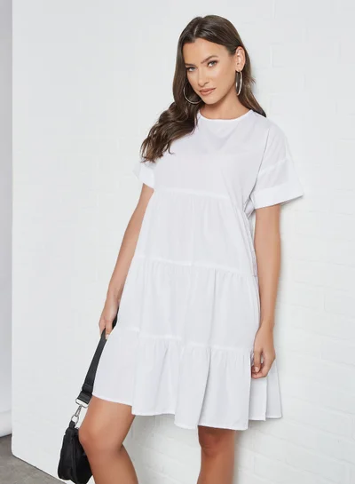 PIECES Smock Tiered Dress White