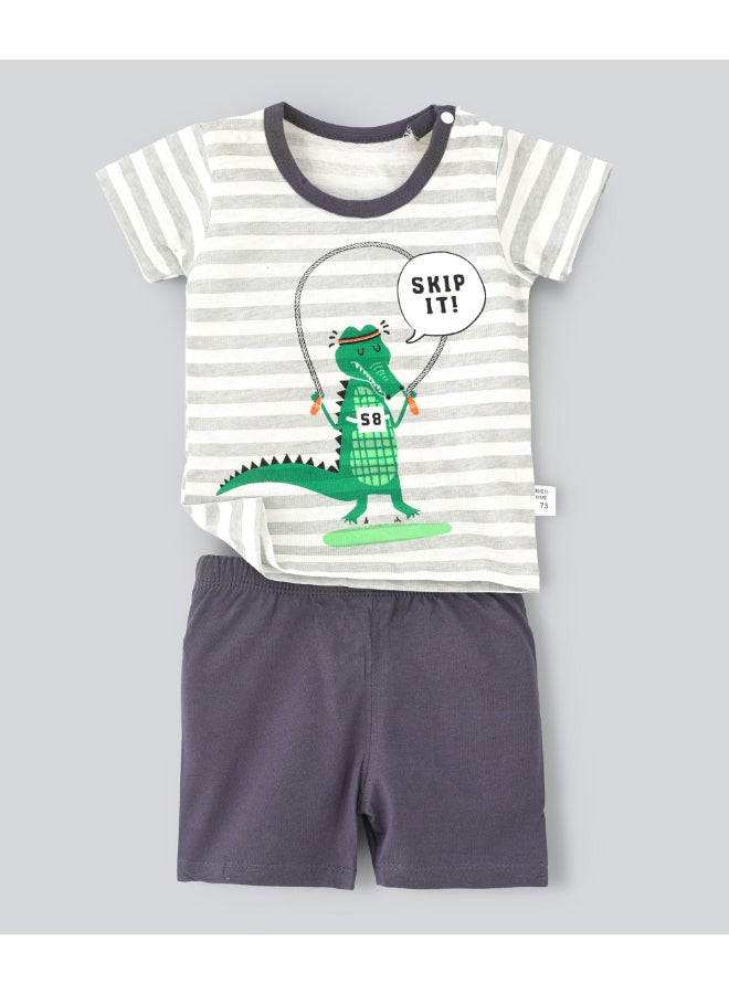 babyqlo Printed T-Shirt And Shorts Set White/Grey  - Image 1