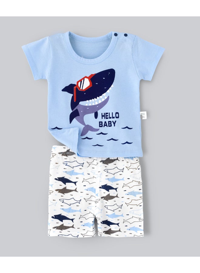 babyqlo Printed T-Shirt And Shorts Set White/Blue - Image 1