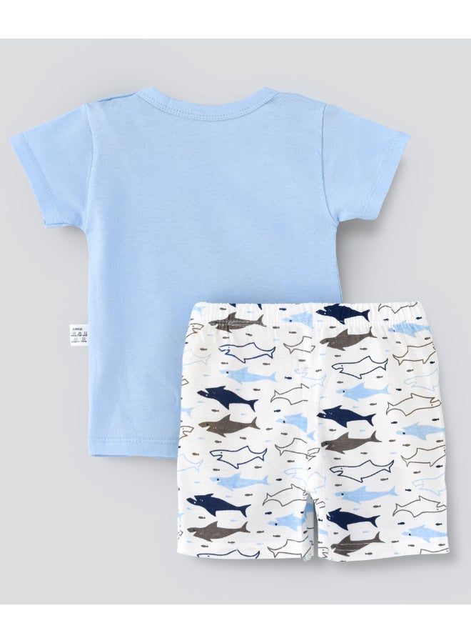 babyqlo Printed T-Shirt And Shorts Set White/Blue - Image 2