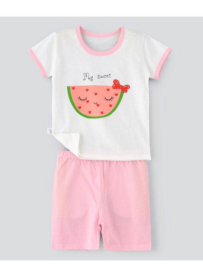 babyqlo Printed T-Shirt And Shorts Set White/Pink  - Image 1