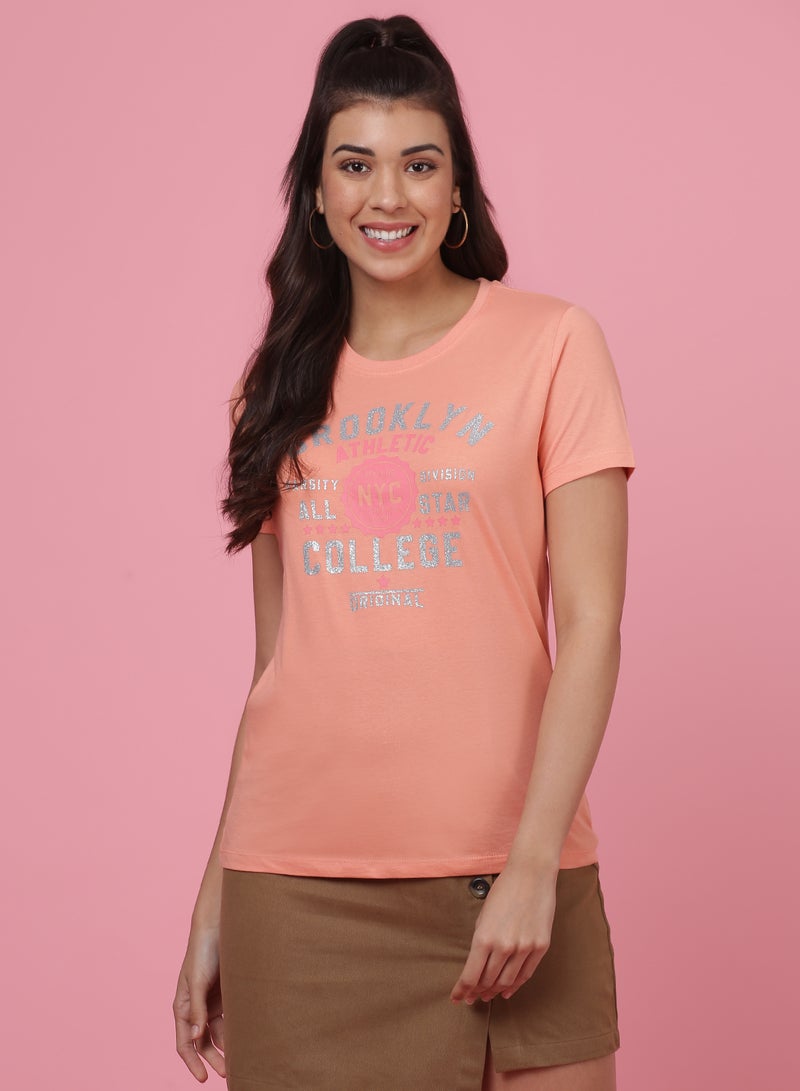 DRIP Printed Casual Round Neck T-Shirt Coral Haze  - Image 1