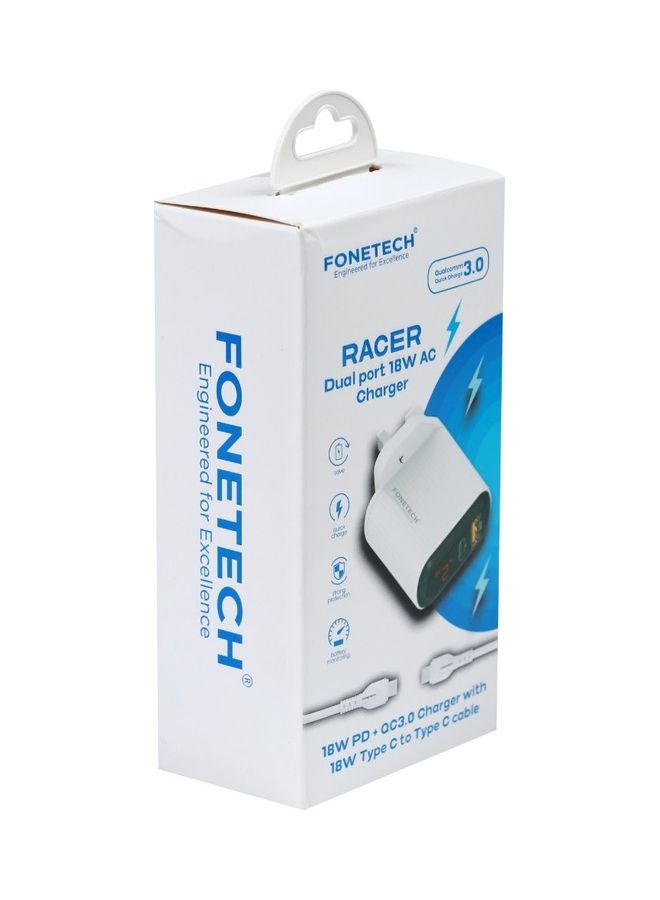 FONETECH Racer Dual Port 18W AC Charger PD+QC3.0 With 18W Type C to Type C Cable White - Image 2