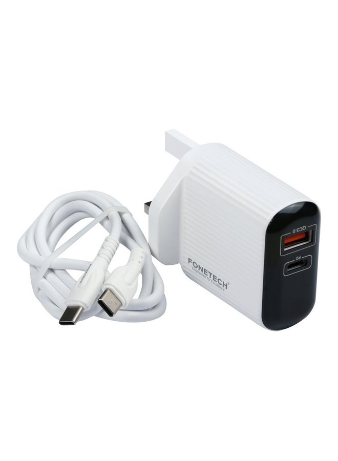 FONETECH Racer Dual Port 18W AC Charger PD+QC3.0 With 18W Type C to Type C Cable White - Image 3