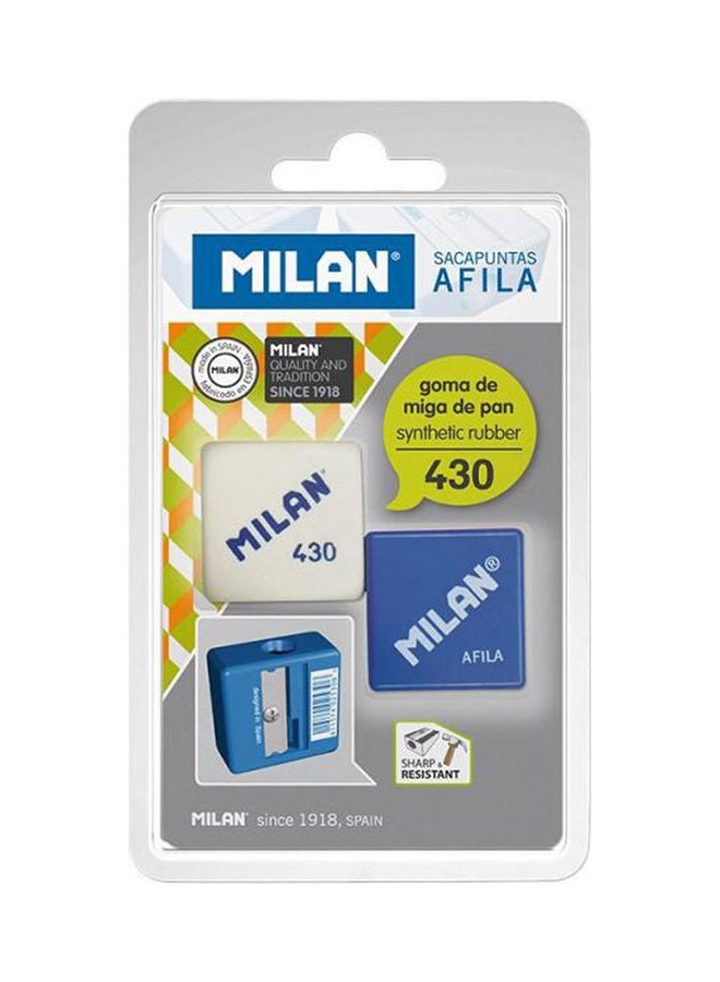 MILAN Blister Pack 1 Afila Pencil Sharpener + 1 Eraser White-Blue