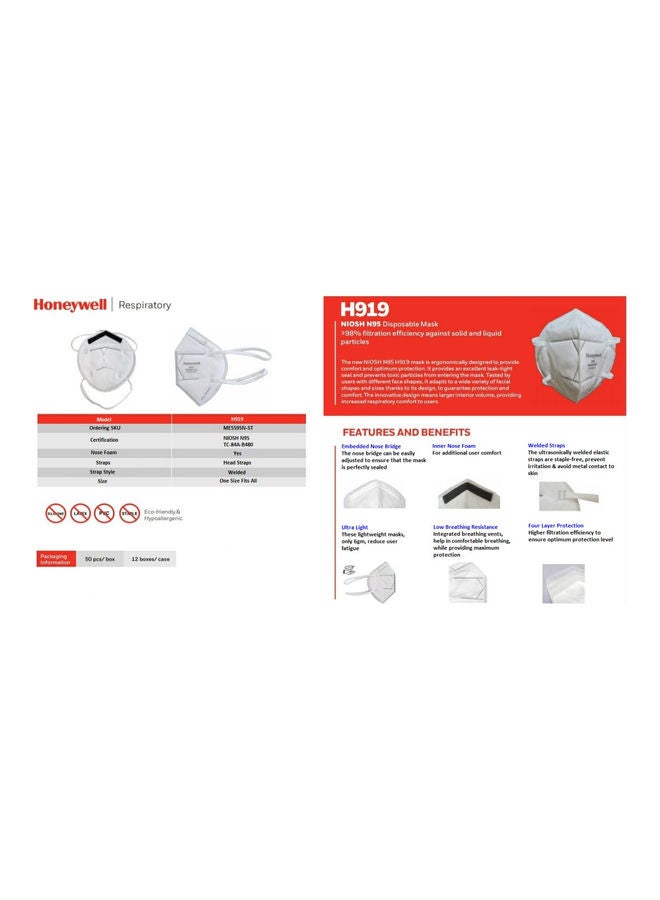 Honeywell 50-Piece H919 N-95 Flat Fold Face Mask  - Image 3