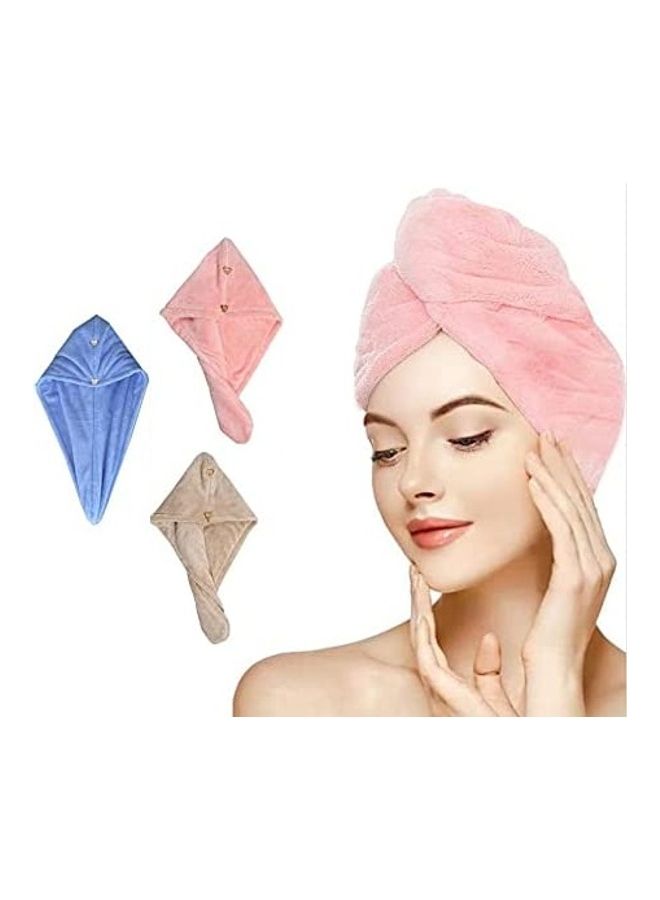 Generic 3-Piece Water Absorbent Hair Towel Wrap Shower Cap With Button Set Pink/Blue/Brown 65cm  - Image 1