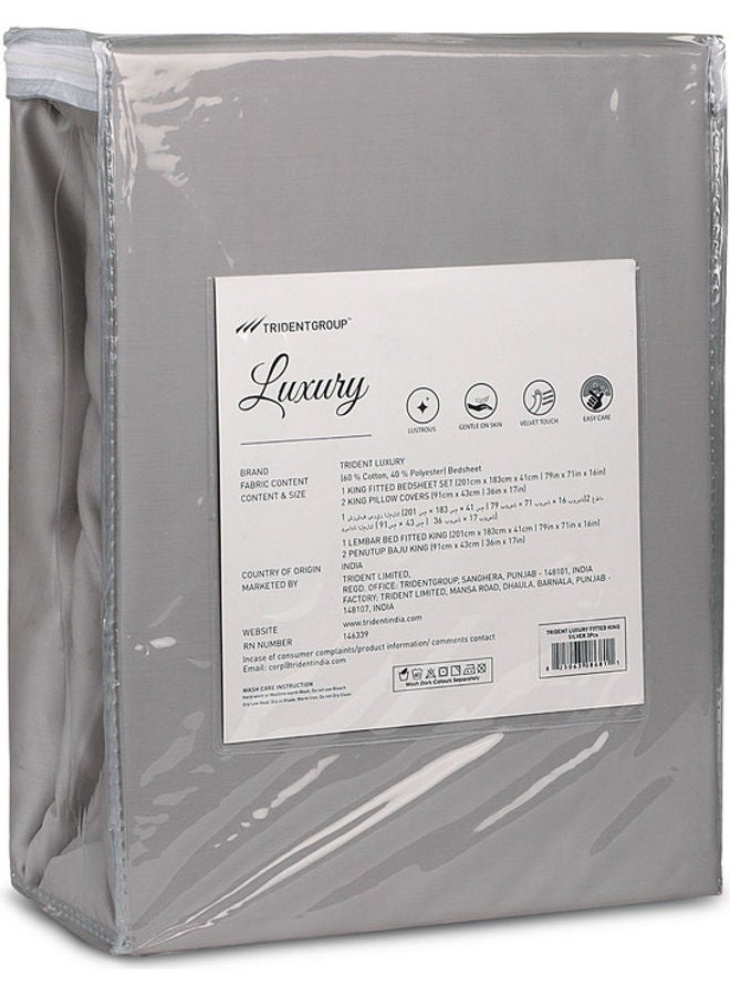Trident - 3-Piece 500 Thread Count 100% Cotton rich Solid Luxury King Bedsheet Set includes 1xFitted Sheet 201x183x41cm 2xPillow Cover Cotton Silver 201x183x41cm - Image 1