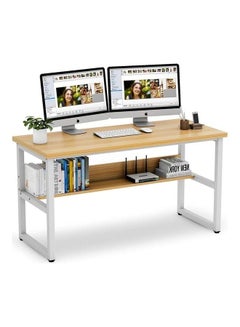VORDERN Computer Desk With Bookshelf Light Walnut/White 140x60x75cm  - Image 1