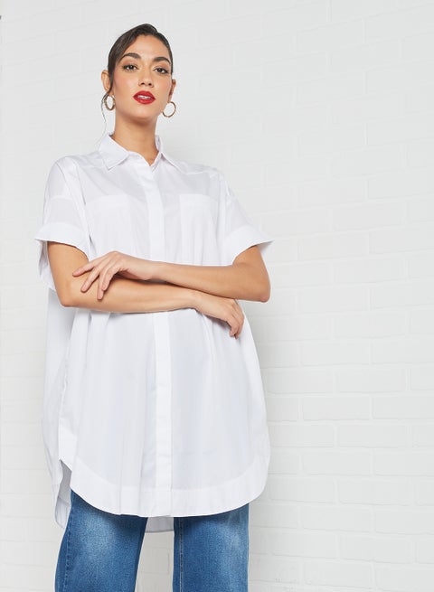 Oversized Curved Hem Shirt White
