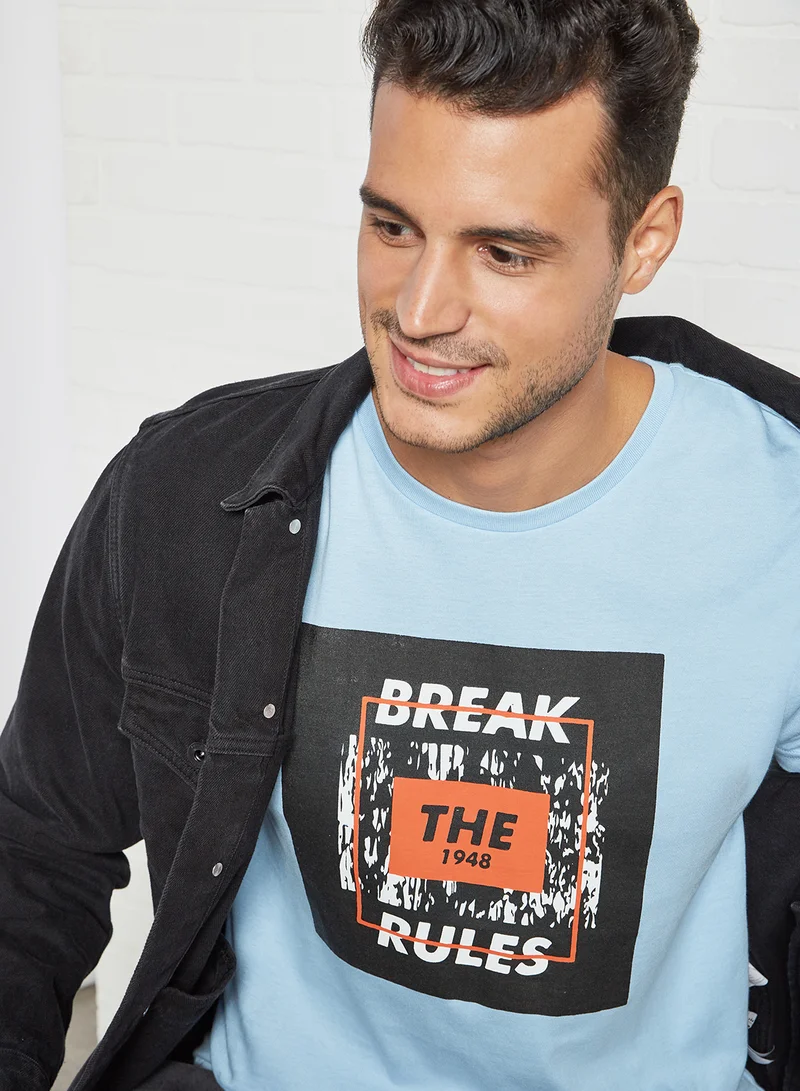 ABOF Break The Rules Printed Regular Fit Crew Neck T-Shirt Powder Blue