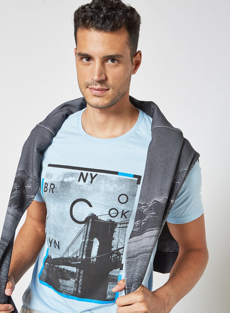 ABOF - Graphic Printed Crew Neck Regular Fit T-Shirt China Blue - Image 1