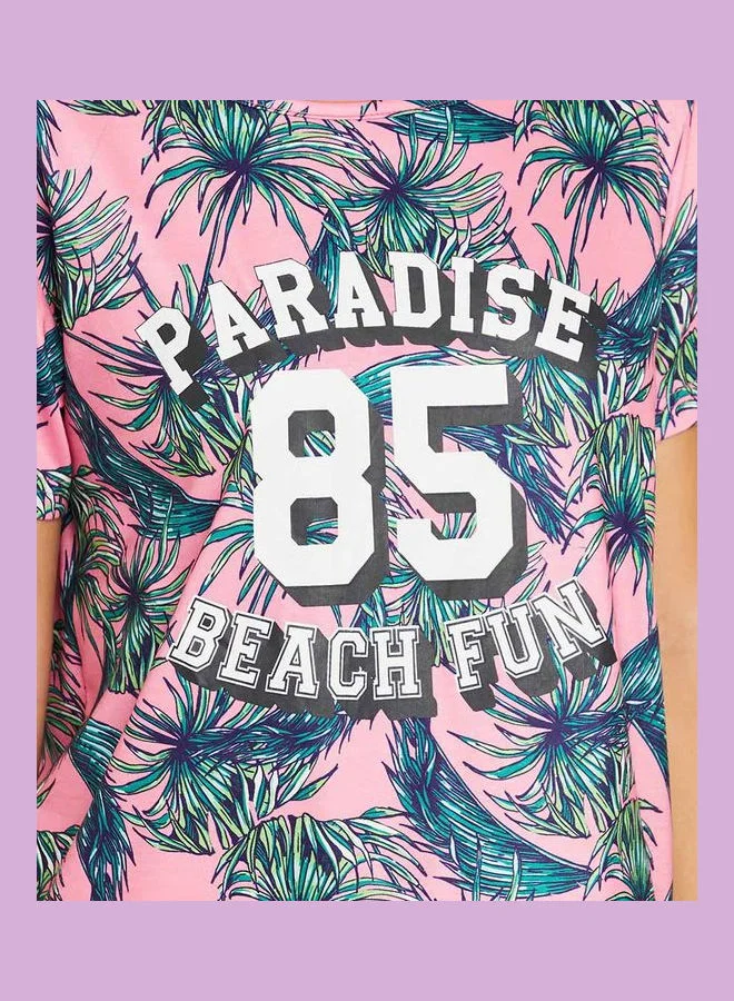 Closet By Styli Palm Leaves Printed T-Shirt And Shorts Set Multicolour