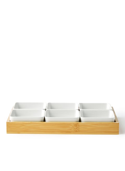 Serving Set - Made Of Bamboo & Ceramic - Serving Plate - Serving Dishes - Tray - Bowls, Tray Brown/White Brown/White