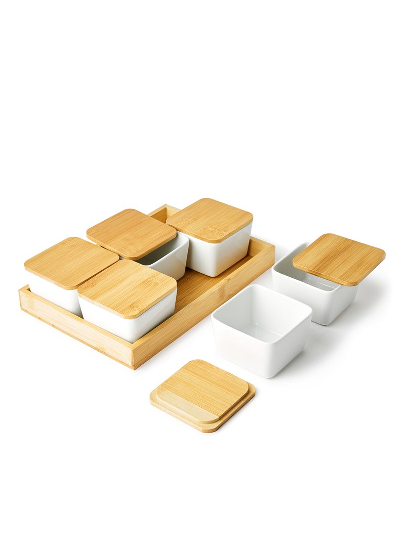 Noon East Serving Set - Made Of Bamboo & Ceramic - Serving Plate - Serving Dishes - Tray - Bowls With Lids, Tray Brown/White Brown/White  - Image 2