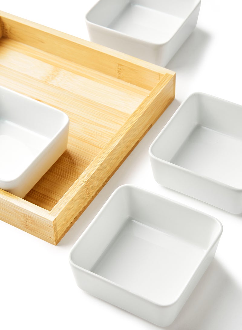 Noon East Serving Set - Made Of Bamboo & Ceramic - Serving Plate - Serving Dishes - Tray - Bowls, Tray Brown/White Brown/White  - Image 4