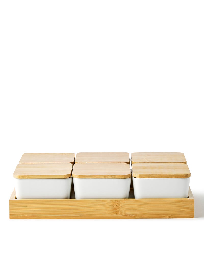 Noon East Serving Set - Made Of Bamboo & Ceramic - Serving Plate - Serving Dishes - Tray - Bowls With Lids, Tray Brown/White Brown/White  - Image 1