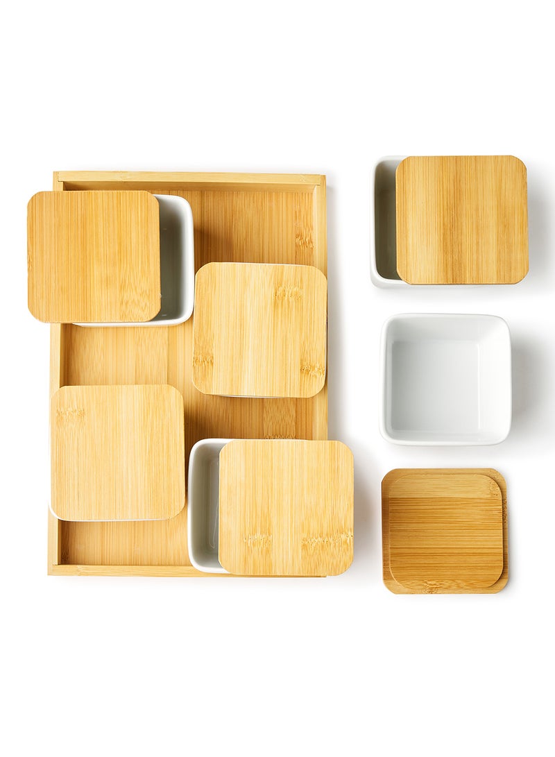 Noon East Serving Set - Made Of Bamboo & Ceramic - Serving Plate - Serving Dishes - Tray - Bowls With Lids, Tray Brown/White Brown/White  - Image 3