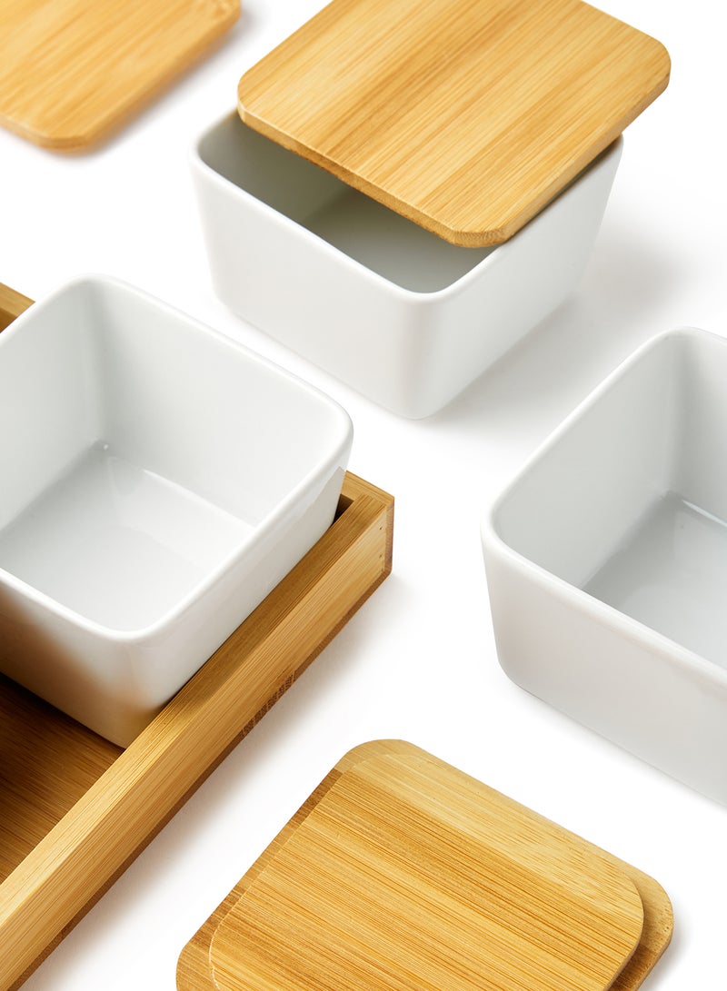 Noon East Serving Set - Made Of Bamboo & Ceramic - Serving Plate - Serving Dishes - Tray - Bowls With Lids, Tray Brown/White Brown/White  - Image 4
