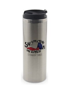 LIT Cap Dustin Quote Stranger Things Printed Tumbler With Lid Silver/Black/Blue  - Image 1