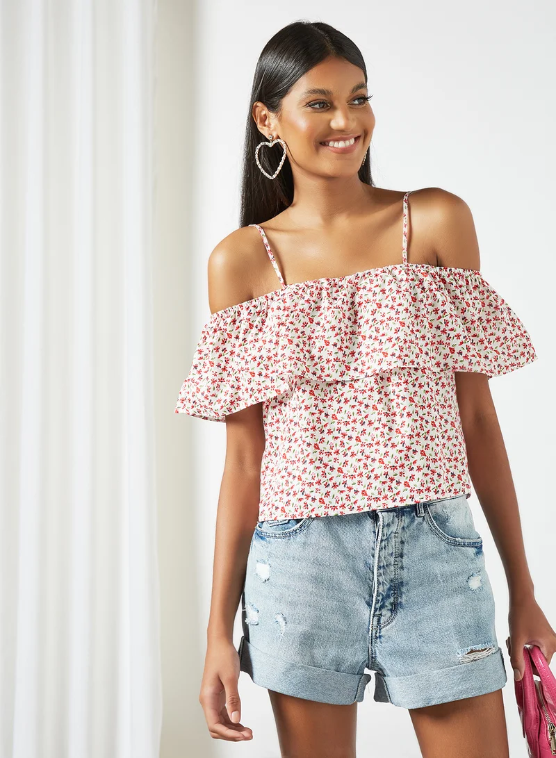 LABEL RAIL Floral Print Top White/Red