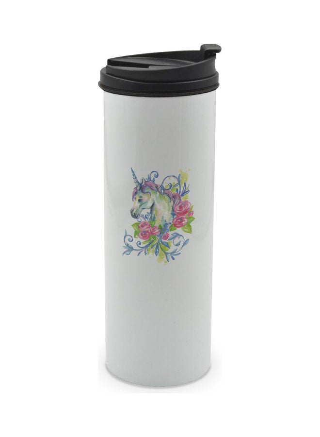 LIT Cute Floral Unicorn Printed Double Wall Tumbler With Lid Multicolour 400ml - Image 1