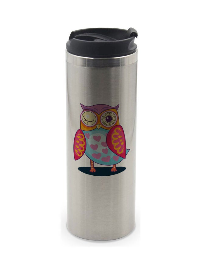 LIT Winking Owl Printed Tumbler With Lid Silver/Black/Blue - Image 1