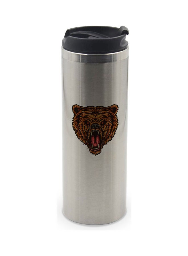 LIT Bear Roar Design Printed  Tumbler With Lid Silver/Black/Brown - Image 1
