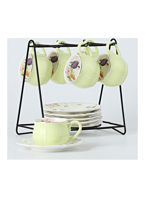 13 Piece Cup And Saucer Set With Iron Shelf Green 8.5x6x5cm