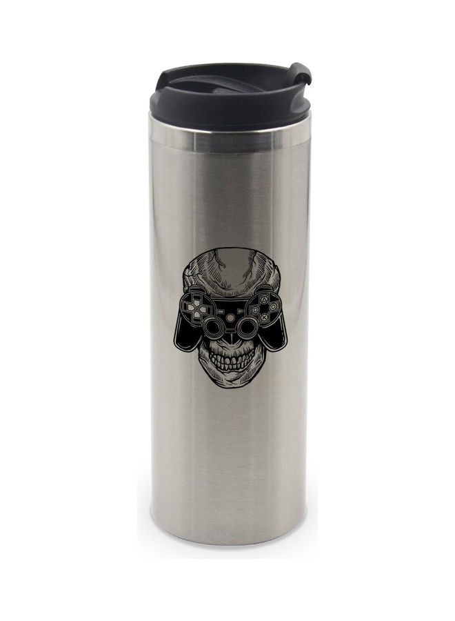 LIT Old Ps Controller Skull Design Printed  Tumbler With Lid Silver/Black  - Image 1