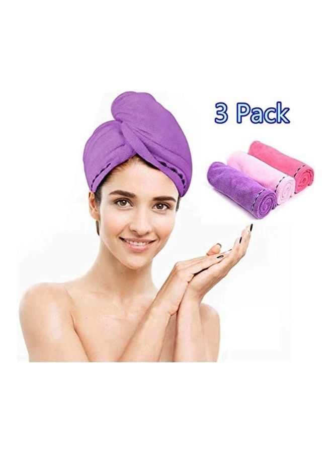 Generic 3-Pack Microfiber Hair Towel with Hair-Drying Cap Multicolour