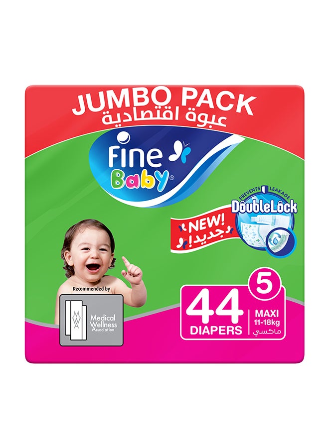 Fine Baby Baby Diapers, Size 5, 11 - 18 Kg, 44 Count - Maxi, Jumbo Pack, Double Lock Technology Prevents Leakage