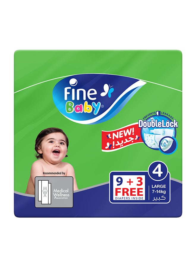 Fine Baby - Baby Diapers, Size 4(Large), 7 - 14 Kg, 12 (9 + 3 Free) Count, Double Lock Technology Prevents Leakage - Image 1