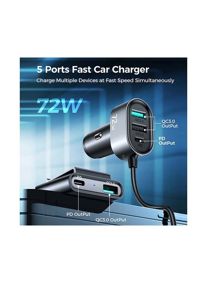 JOYROOM - Joyroom 72W 5 in 1 Car Cigarette Lighter 5 Socket USB Ports QC 3.0 6.2A Fast Charging 1.5M Extention Splitter Smart Car Charger For Phone Black - Image 1