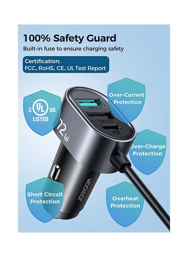 JOYROOM - Joyroom 72W 5 in 1 Car Cigarette Lighter 5 Socket USB Ports QC 3.0 6.2A Fast Charging 1.5M Extention Splitter Smart Car Charger For Phone Black - Image 1