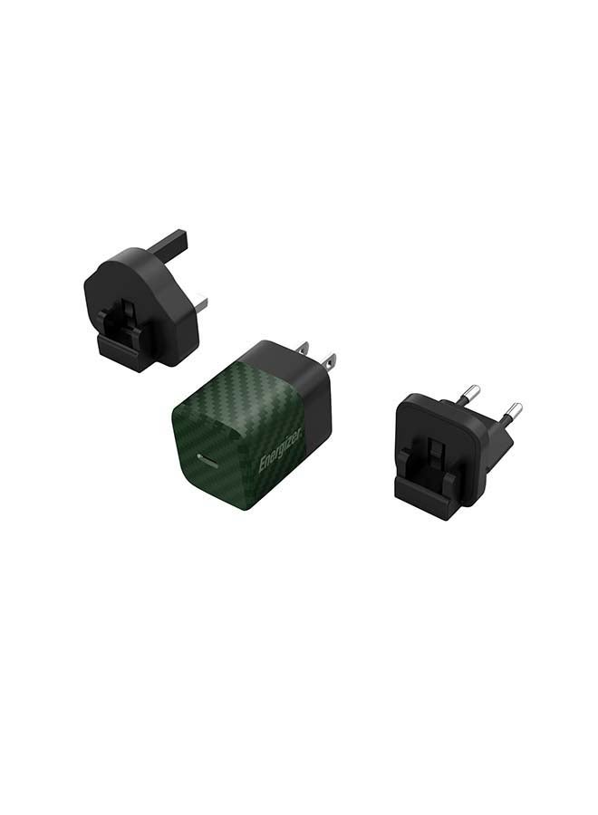 Energizer Ultimate Power Delivery 20W Wall Charger, GaN Technology, 3x Faster, 3 Plugs- EU/ UK/ US Plugs, Universal Compatiblity, Type-C Output Green  - Image 1