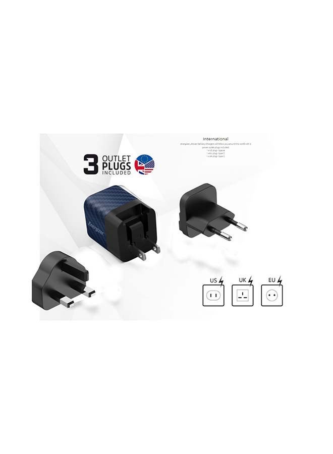 إنرجايزر شاحن حائط يتميز بقدرة 20 وات وتوصيل طاقة فائق مع تقنية جاليوم نايترايد، ويشحن بمعدل أسرع ثلاثة أضعاف، ومزود بثلاثة مقابس ثلاثي/ أوروبي/ أمريكي، ومخرج Type-C، ويتوافق مع جميع الأجهزة أزرق - Image 3