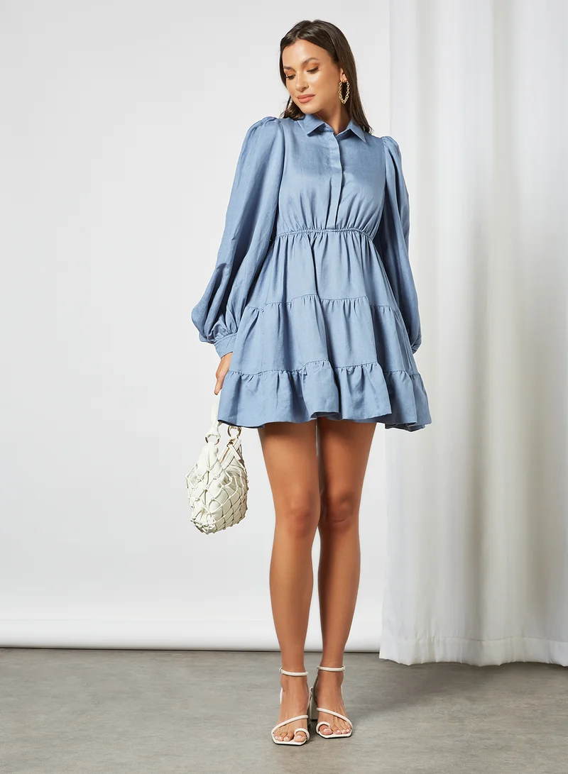 Bardot Ruffled Shirt Dress Blue