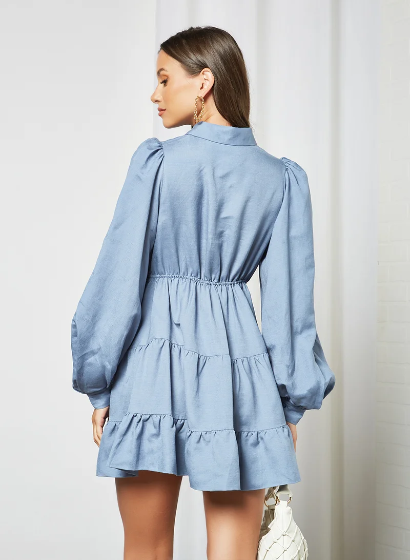Bardot Ruffled Shirt Dress Blue