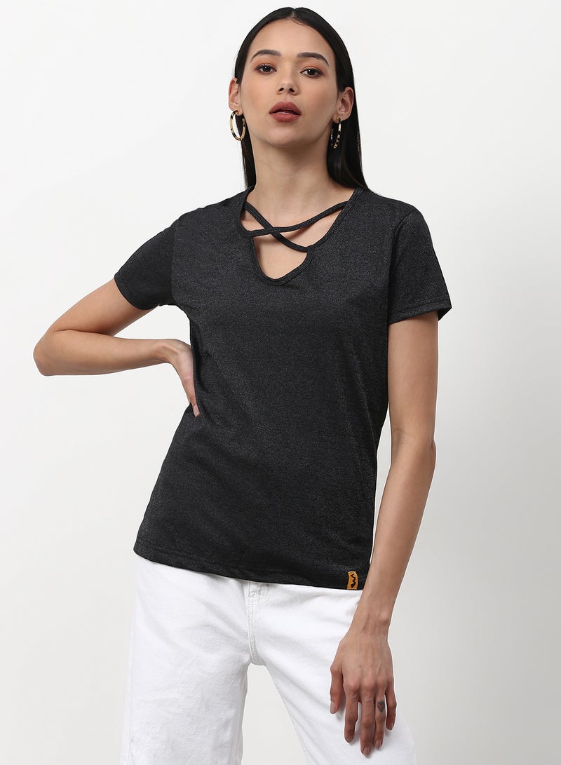Campus Sutra Casual Criss Cross T-Shirt Charcoal - Image 1