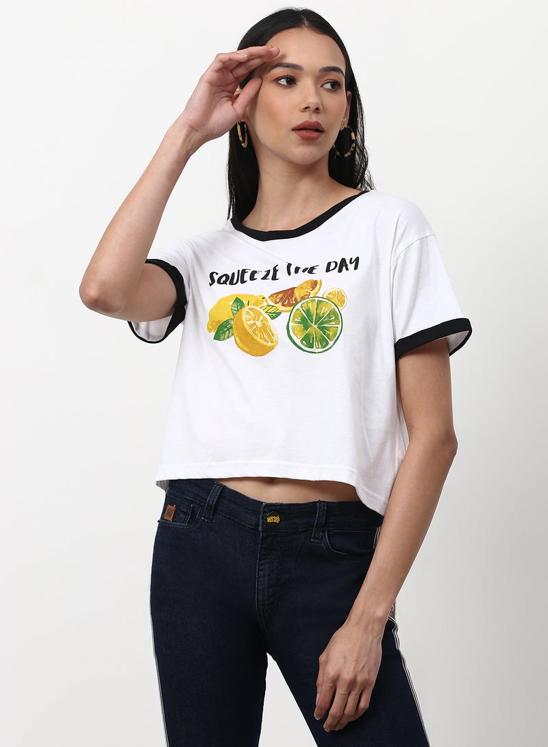 Campus Sutra - Casual Printed Crop Top White - Image 1