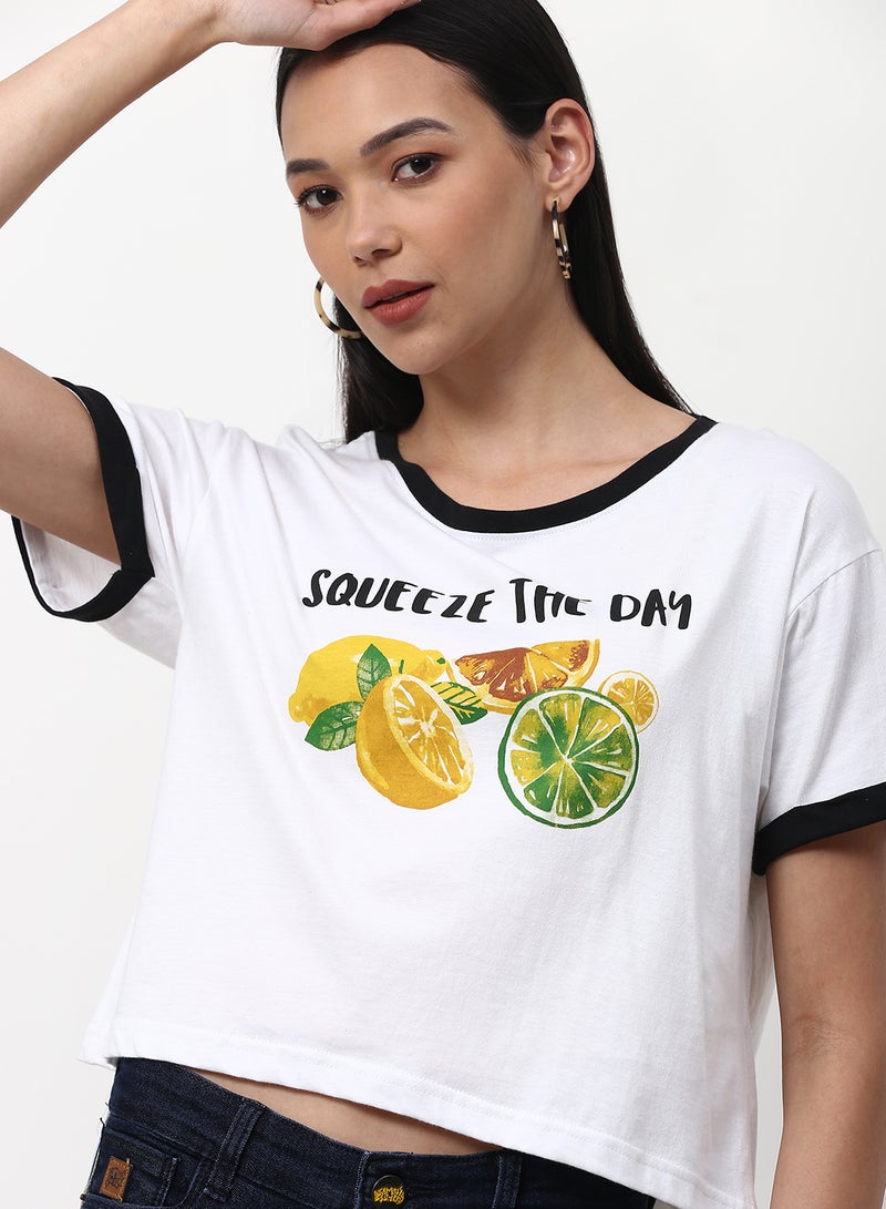 Campus Sutra - Casual Printed Crop Top White - Image 1