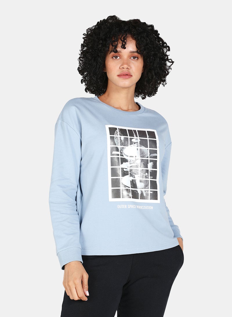 DRIP - Printed Casual Crew Neck Sweatshirt Blue Fog - Image 1