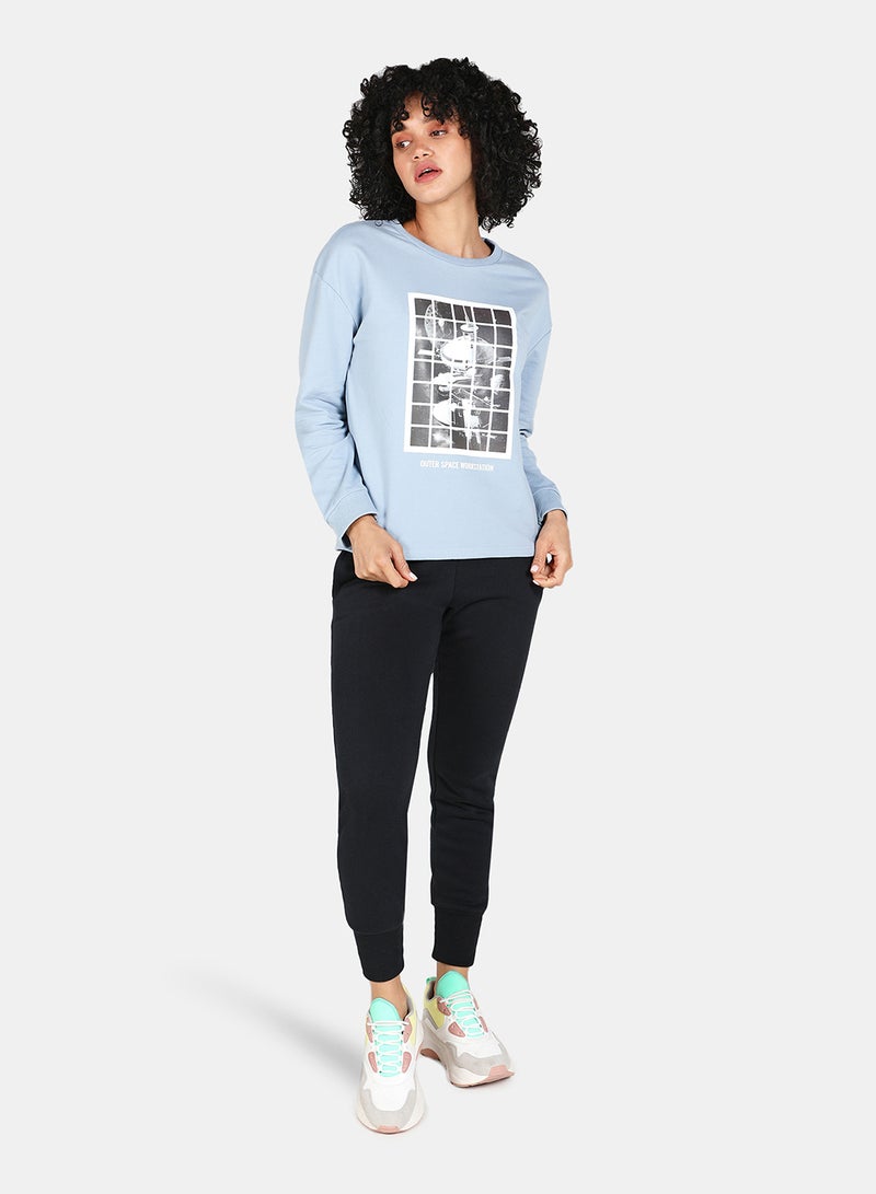 DRIP - Printed Casual Crew Neck Sweatshirt Blue Fog - Image 1