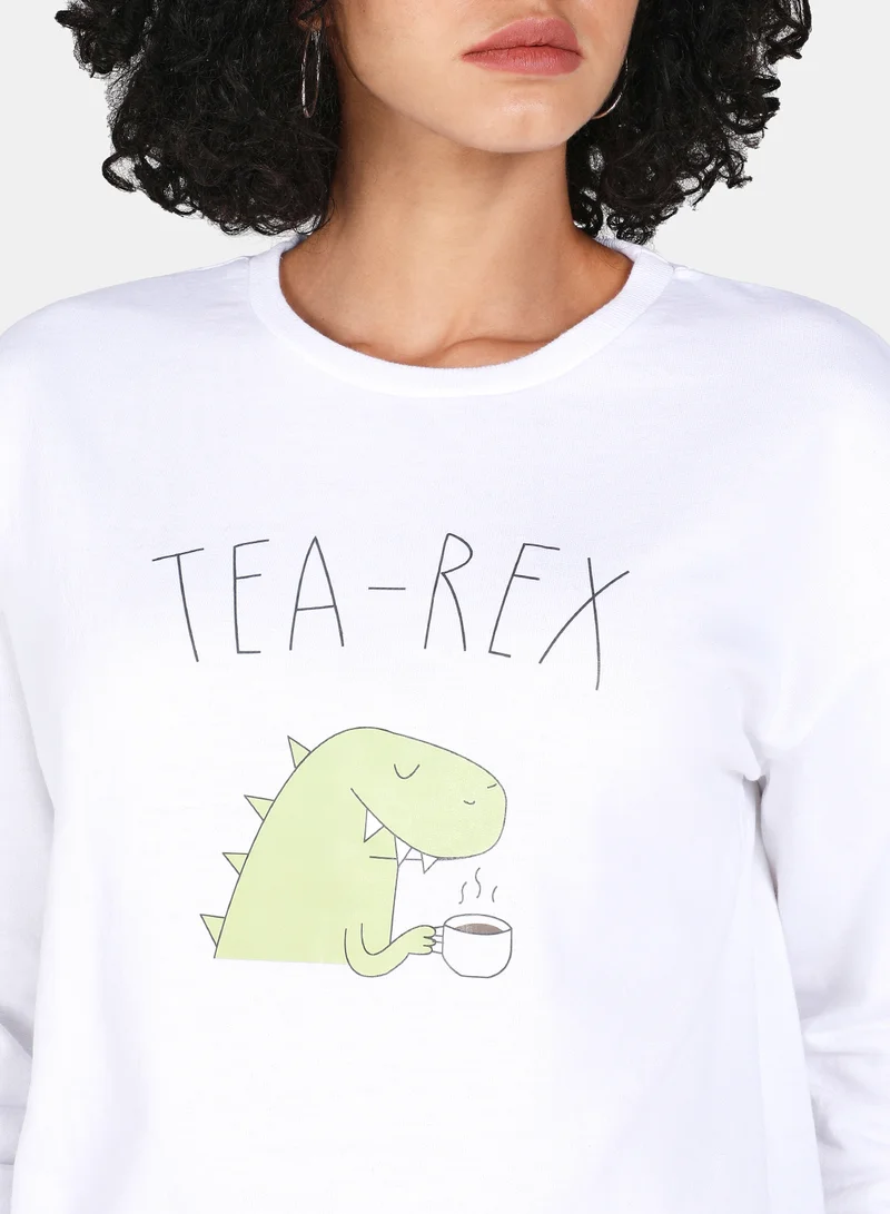 دريب سويت شيرت كاجوال بفتحة رقبة مستديرة مطبوع بعبارة "Tea-Rex" أبيض