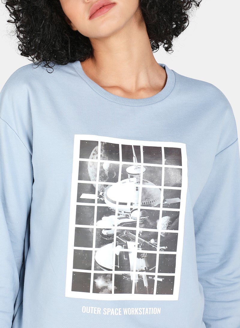 DRIP - Printed Casual Crew Neck Sweatshirt Blue Fog - Image 1